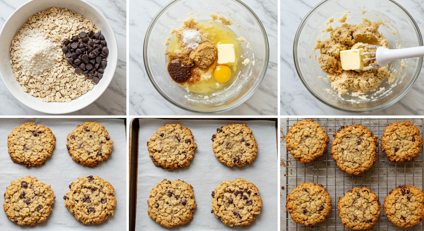 Step-by-step images showing the process of making oatmeal chocolate chip cookies, from ingredients to baked cookies.