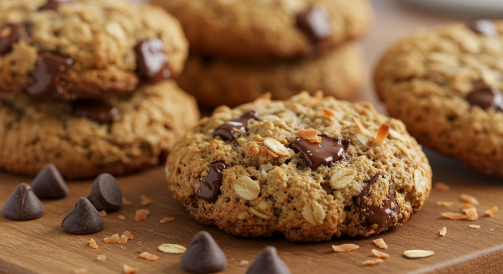 Close-up of oatmeal chocolate chip cookies with melted chocolate and toasted almonds on a wooden board.