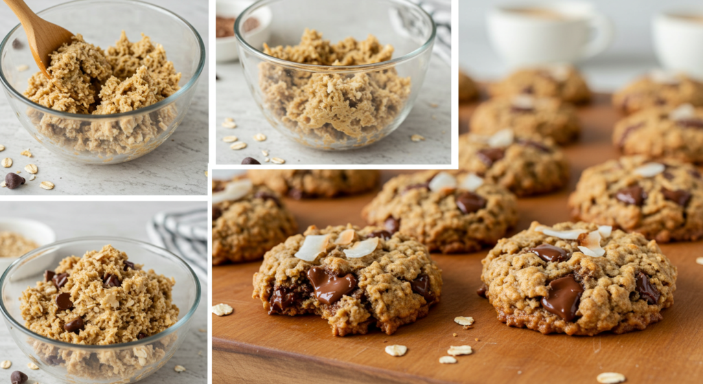 Step-by-step preparation of oatmeal chocolate chip cookies, from mixing ingredients to the finished cookies on a wooden board.